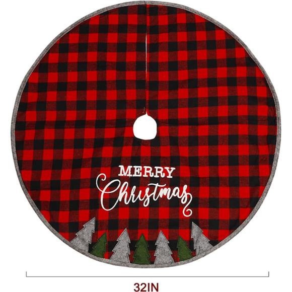 32 Inch Christmas Tree Skirt, Soft Red and Black Plaid Christmas Tree Mat - Picture 5 of 8